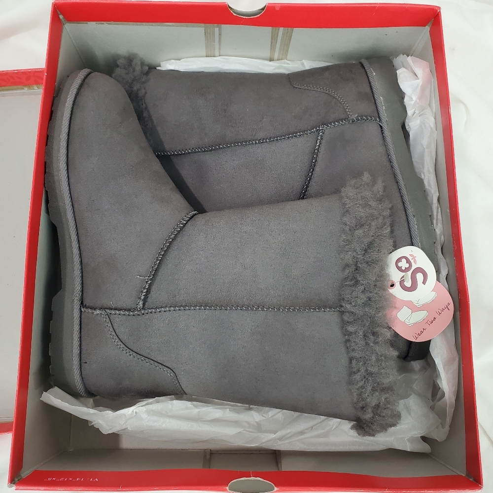 NWT SO Elmira Vegan Suede Women's Grey/ Gray  Pull-On Faux Sherpa Cozy Boots 8
